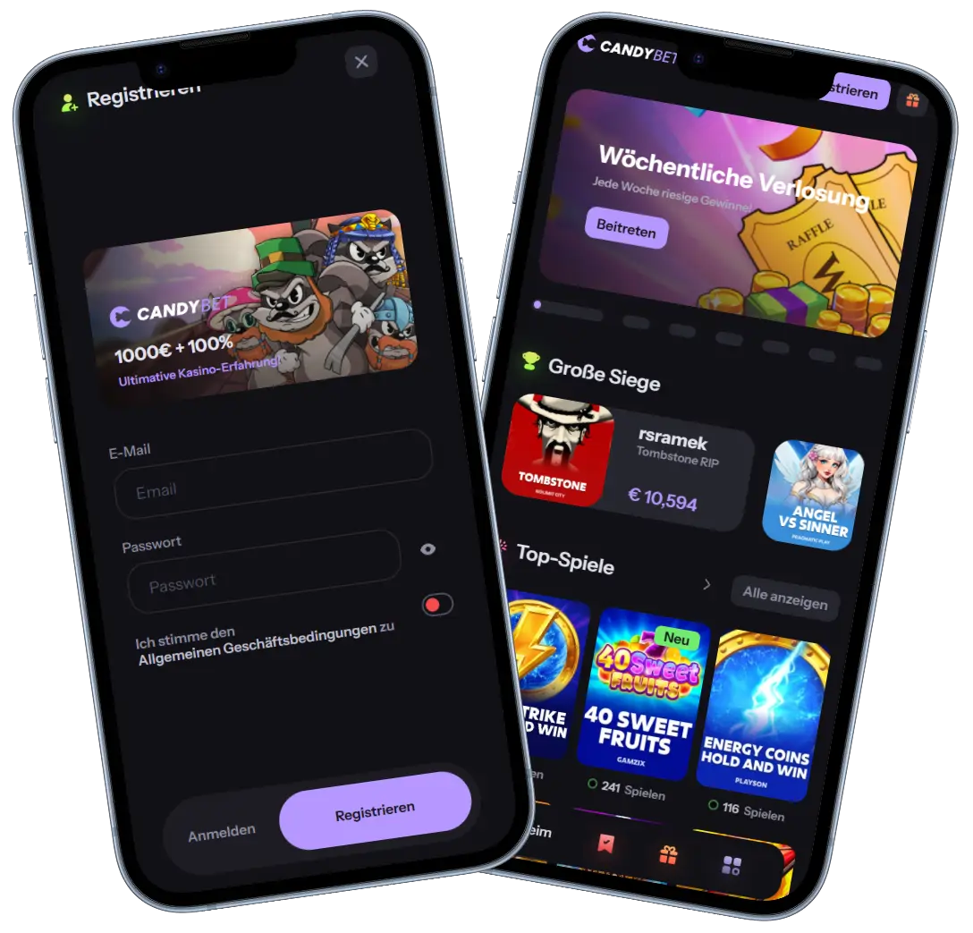 CandyBet Casino mobile Ansicht mit Registrierung Formular und Slot Spiele Auswahl