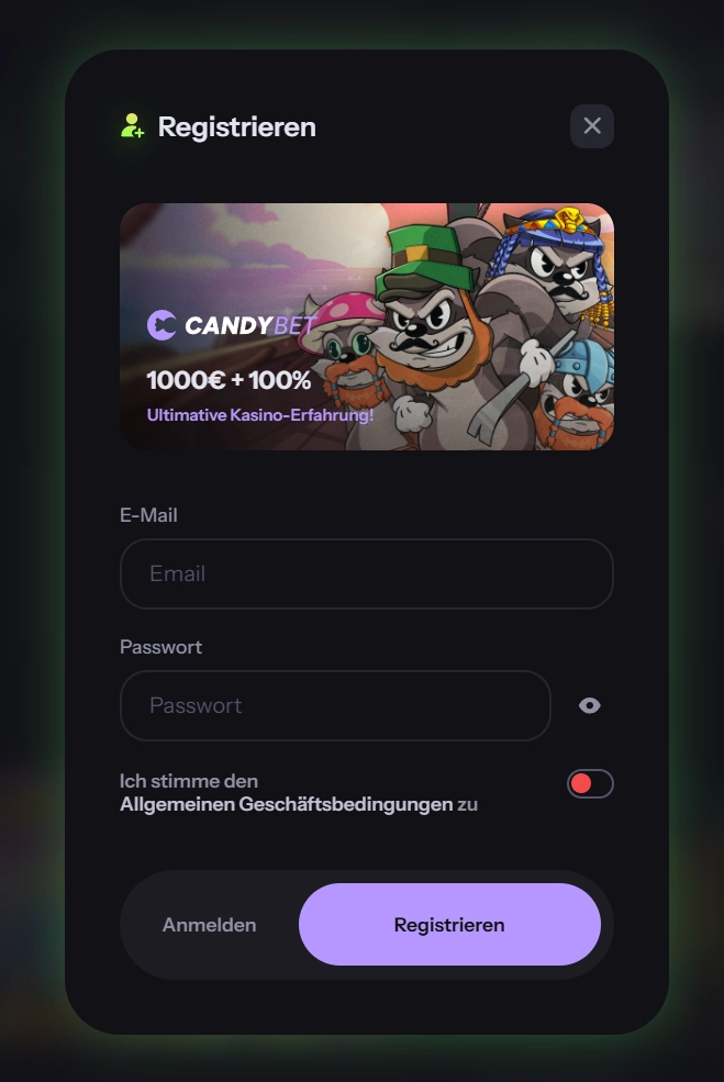 CandyBet Casino Registrierung Formular mit 1000€ Bonus und Kontoerstellung